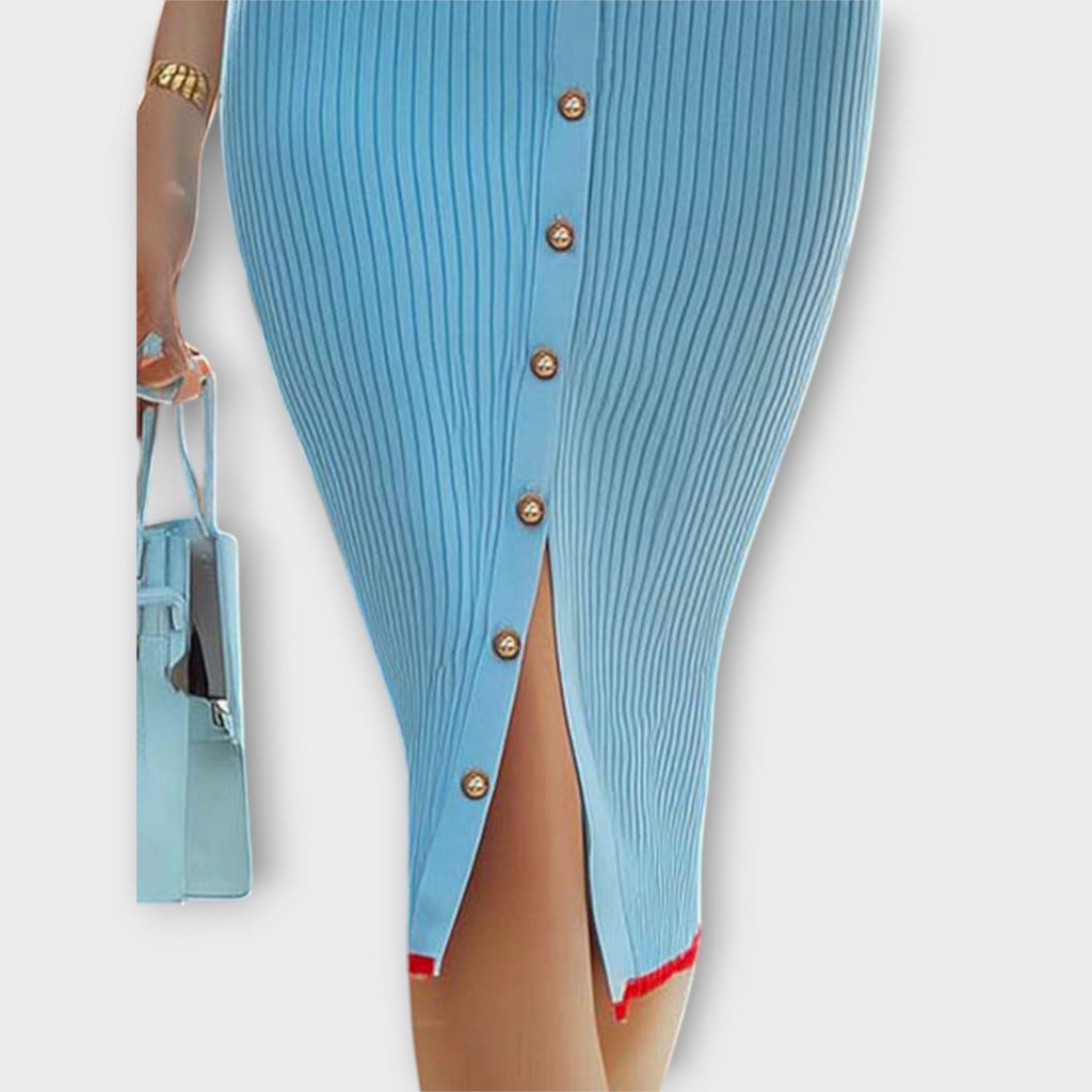 Sina - Vestidos Justos às Riscas em Azul Pastel com Estilo