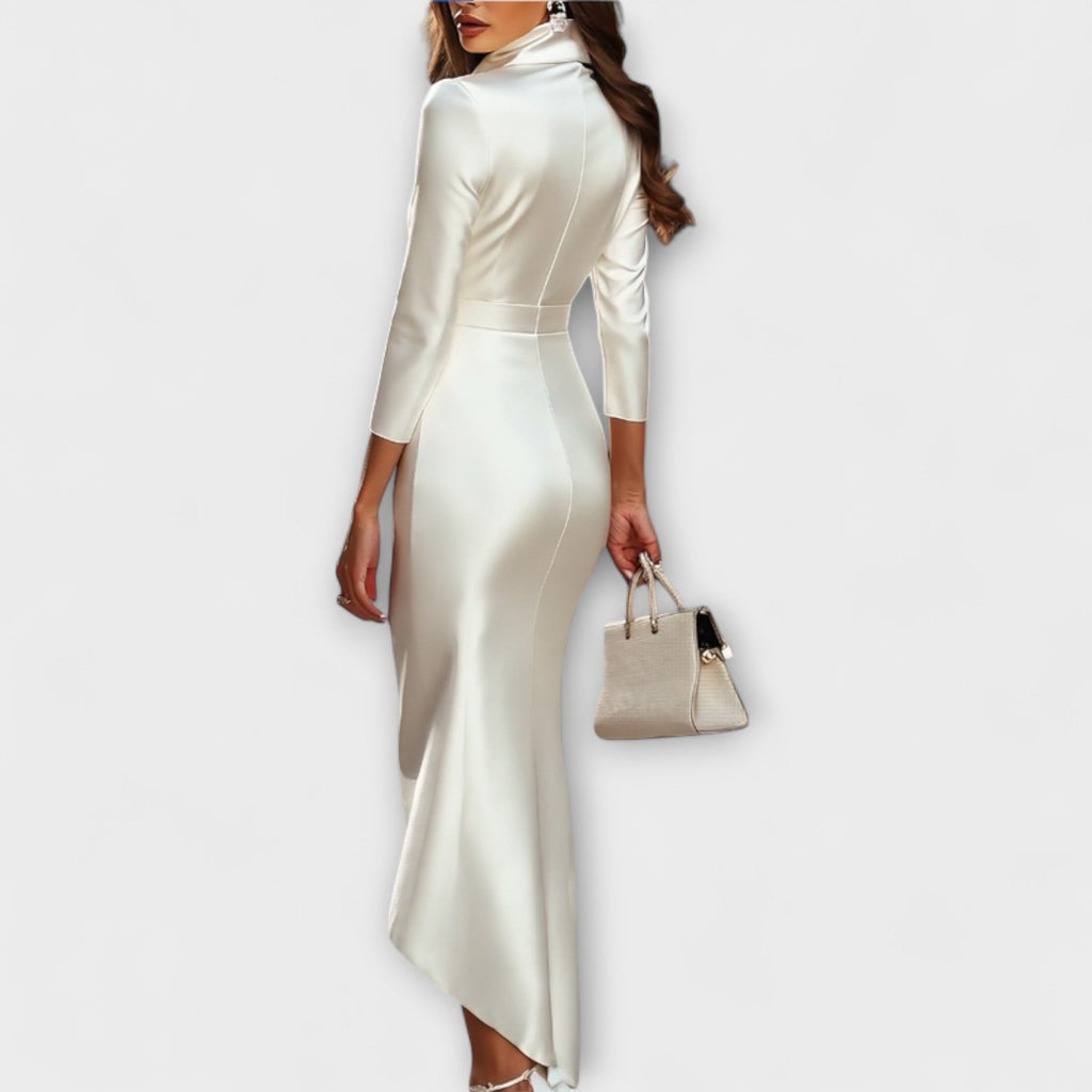 Rebecca - Vestido midi de cetim branco com decote em V