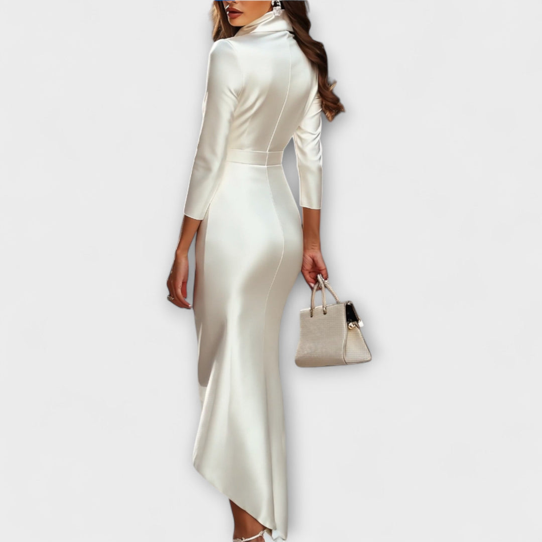 Rebecca - Vestido midi de cetim branco com decote em V