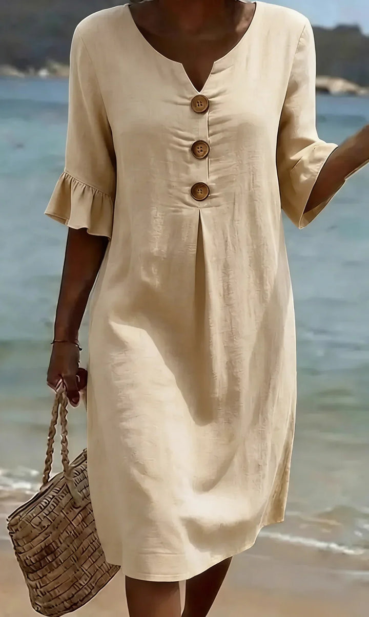 Vanesa | Vestido com Textura de Linho com Manga Bufante e Botões