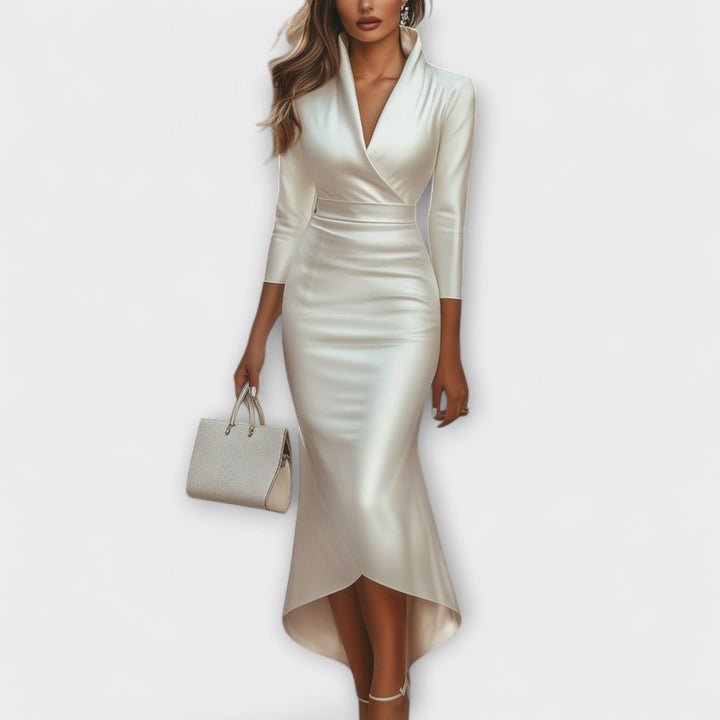 Rebecca - Vestido midi de cetim branco com decote em V
