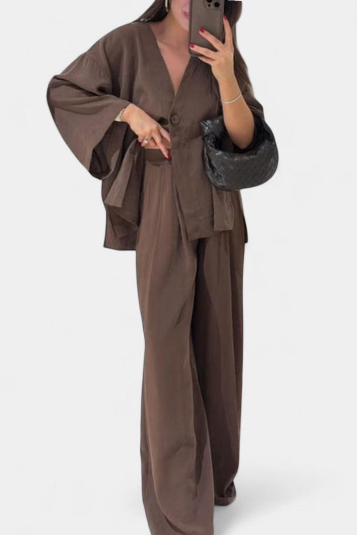 Eli - Conjunto Oversize de Top com Decote em V e Calças Retas