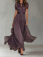 Flavia • Vestido Longo Violeta com Decote em Lágrima e Debrum de Renda Chiffon