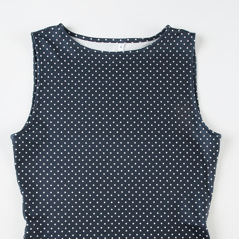 Vestido Mini de Bolinhas sem Mangas de Mulher com Cintura Ajustada
