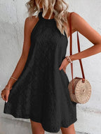 Vestido Curto sem Mangas de Corte A de Mulher com Design Floral de Ilhós