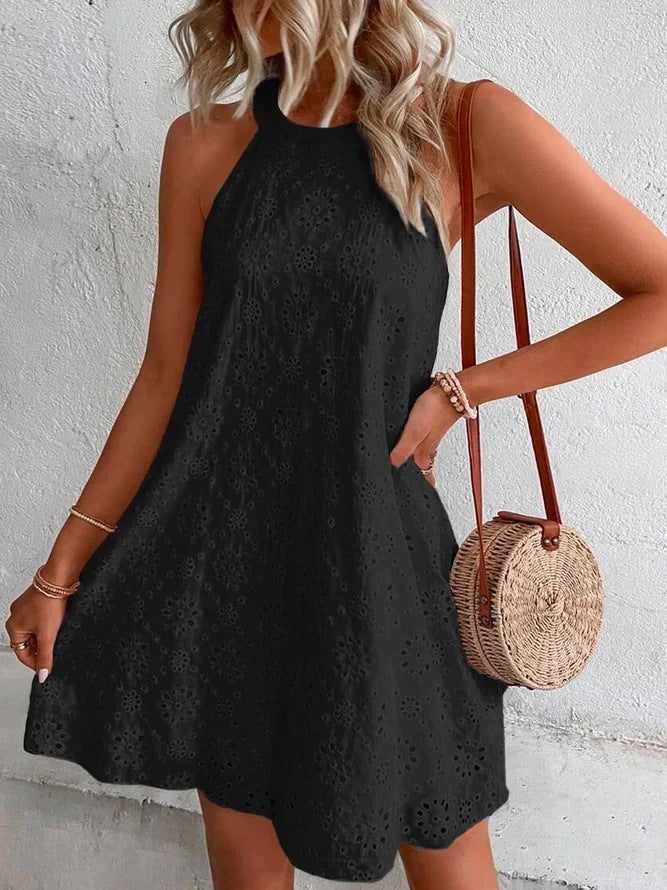 Vestido Curto sem Mangas de Corte A de Mulher com Design Floral de Ilhós