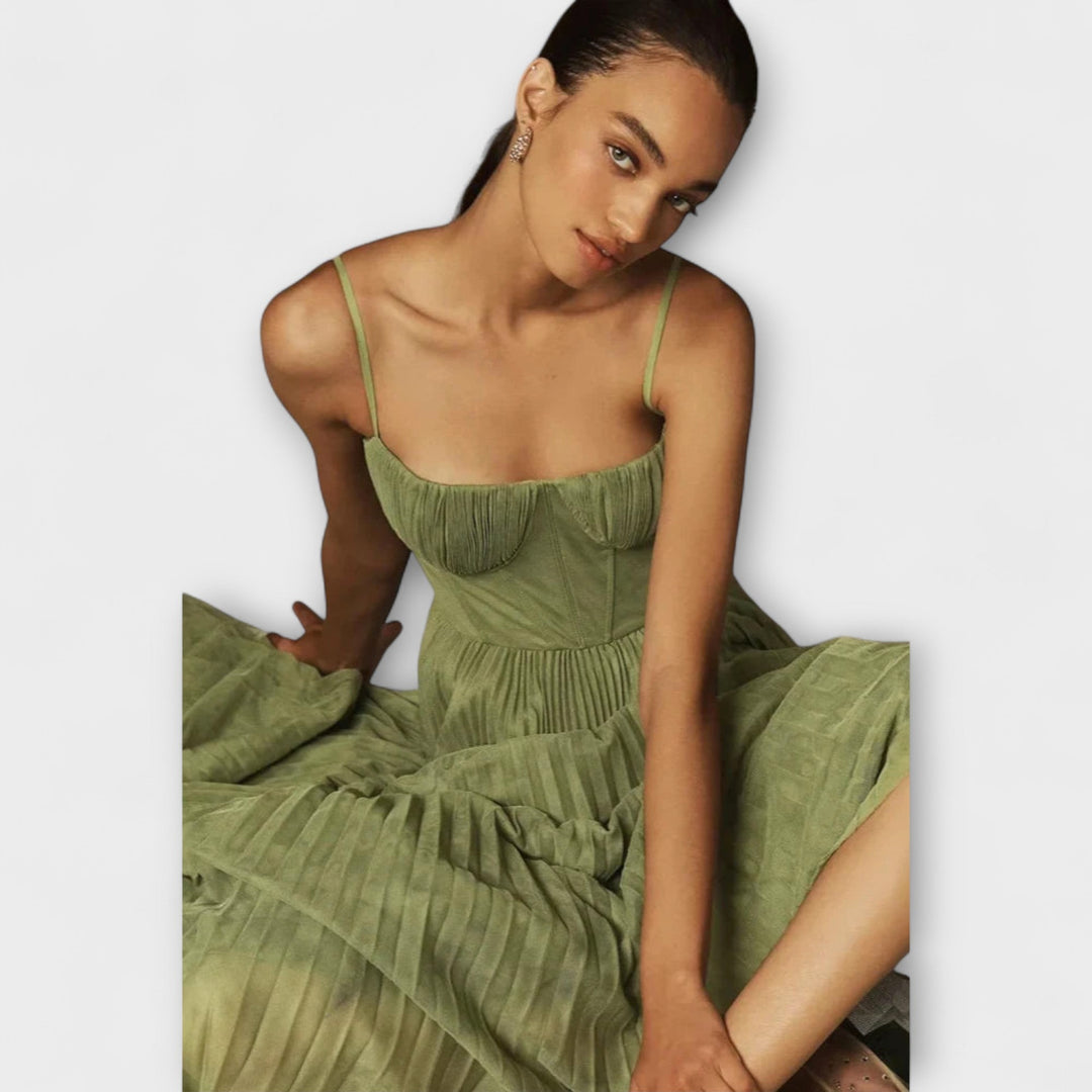 Marilyn - Vestido Midi com Bustier e Saia Franzida