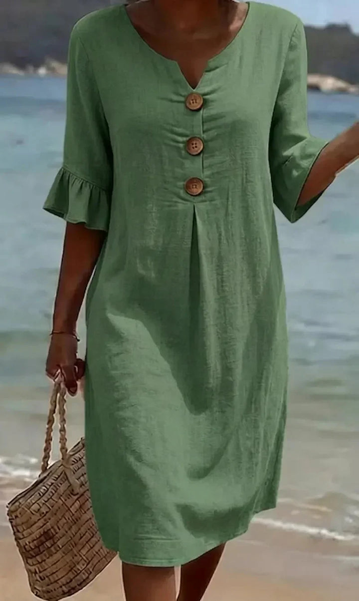 Vanesa | Vestido com Textura de Linho com Manga Bufante e Botões