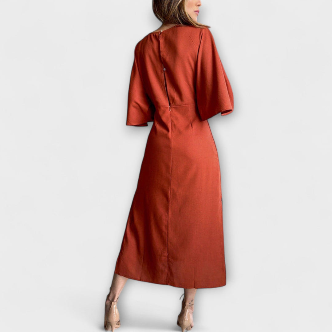 Holly - Vestido Casual com Decote em V, Confecionado em Algodão e Linho com Laço