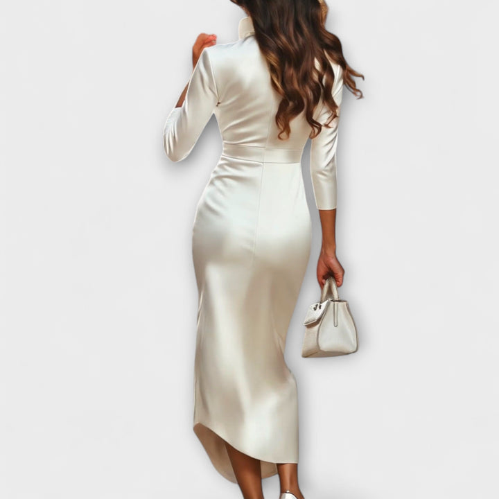 Rebecca - Vestido midi de cetim branco com decote em V