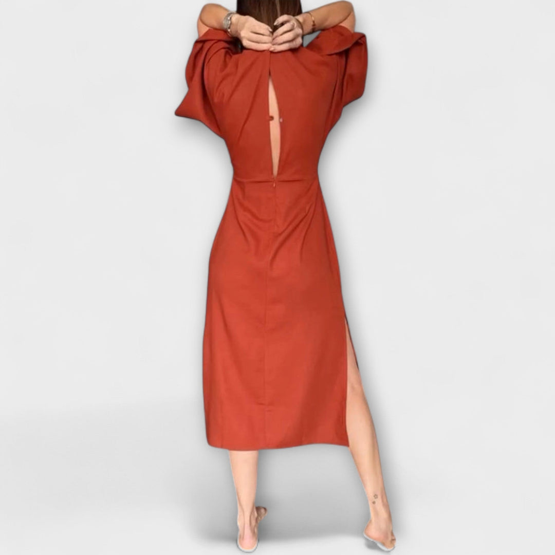 Holly - Vestido Casual com Decote em V, Confecionado em Algodão e Linho com Laço