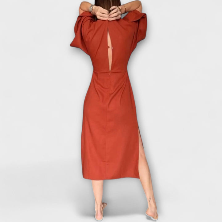 Holly - Vestido Casual com Decote em V, Confecionado em Algodão e Linho com Laço
