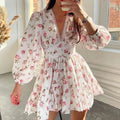 Vestido mini floral de corte A para mulher com decote em V e mangas compridas