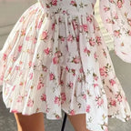 Vestido mini floral de corte A para mulher com decote em V e mangas compridas