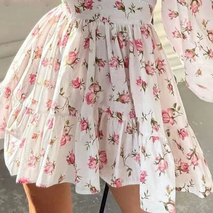 Vestido mini floral de corte A para mulher com decote em V e mangas compridas