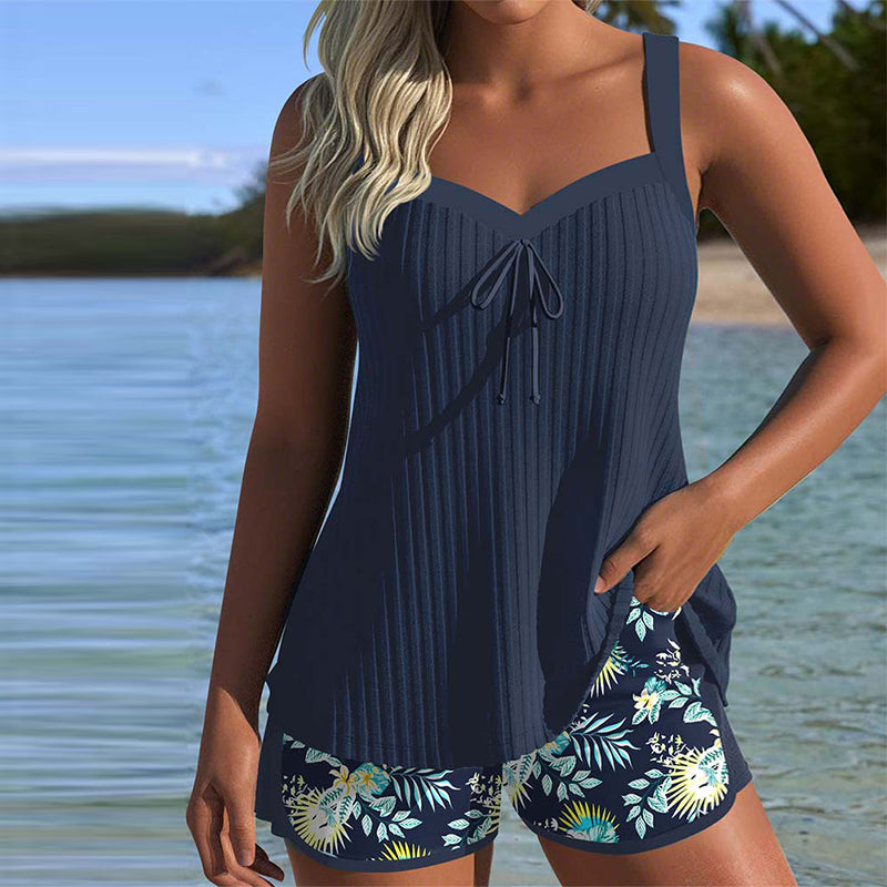 Rocío™ | Tankini às Riscas com Calção de Praia de Duas Peças