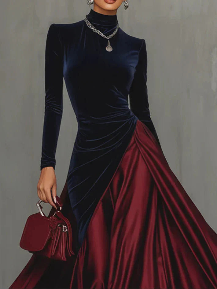 Beatriz | Vestido Longo Elegante Bicolor em Cetim com Saia Fluida