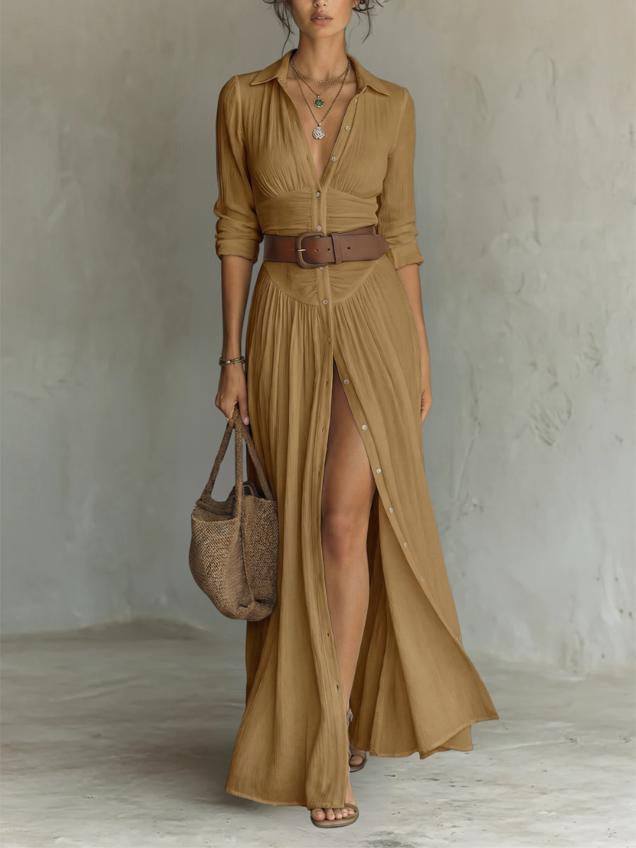Vestido maxi longo para mulher com gola de lapela e mangas compridas de linho