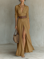 Vestido maxi longo para mulher com gola de lapela e mangas compridas de linho