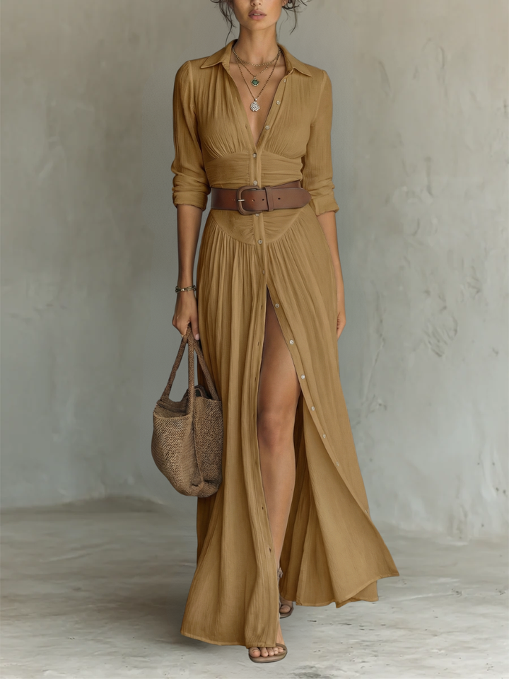 Vestido maxi longo para mulher com gola de lapela e mangas compridas de linho