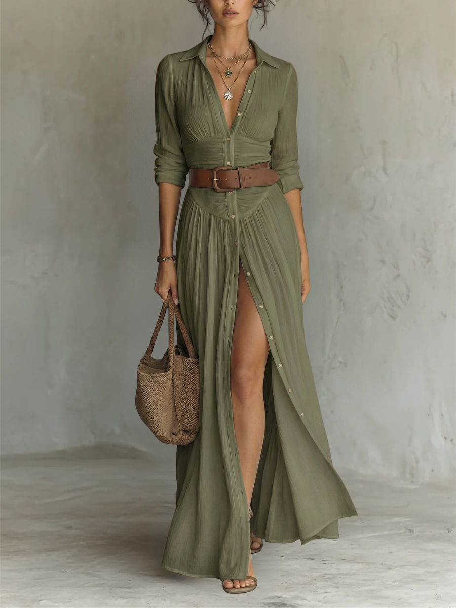 Vestido maxi longo para mulher com gola de lapela e mangas compridas de linho