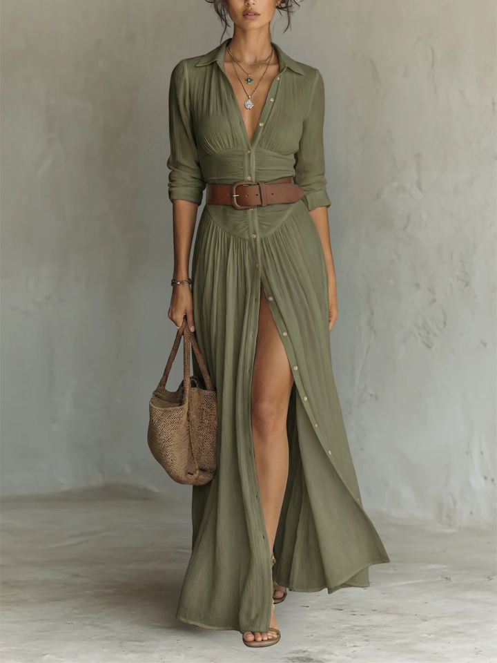Vestido maxi longo para mulher com gola de lapela e mangas compridas de linho