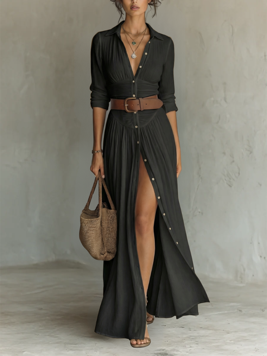Vestido maxi longo para mulher com gola de lapela e mangas compridas de linho