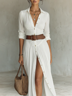Vestido maxi longo para mulher com gola de lapela e mangas compridas de linho