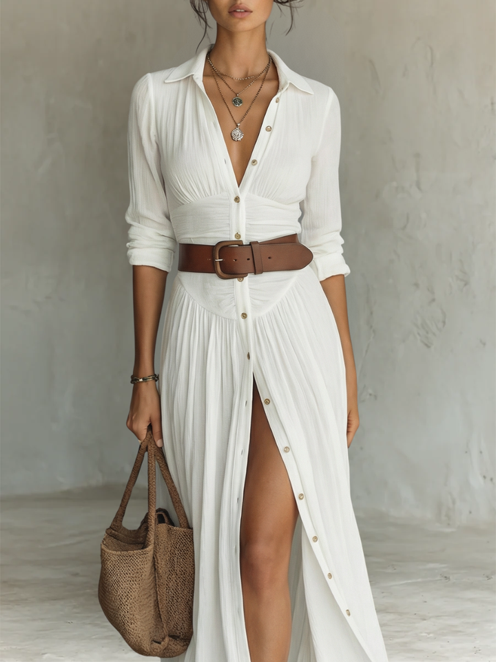 Vestido maxi longo para mulher com gola de lapela e mangas compridas de linho