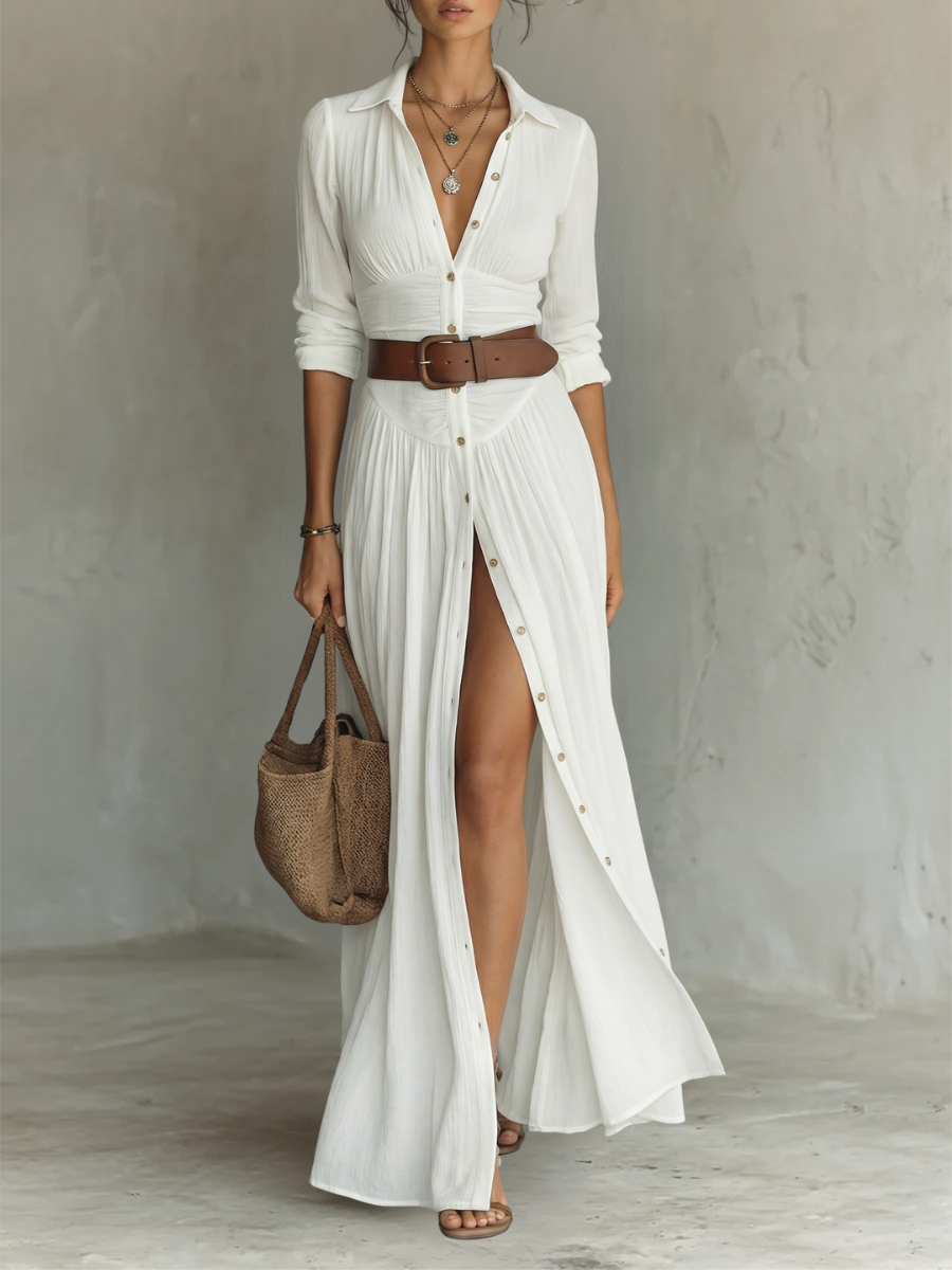 Vestido maxi longo para mulher com gola de lapela e mangas compridas de linho