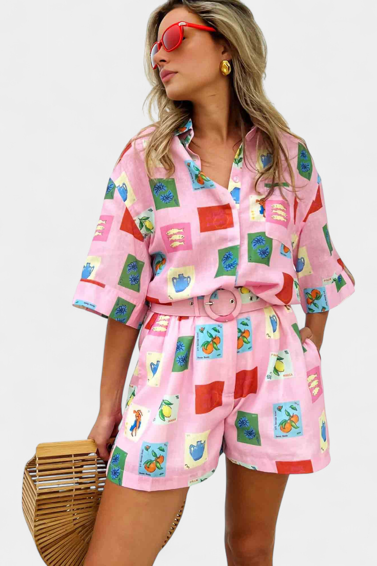 Mariluz Conjunto de Camisa e Shorts com Estampado Rosa