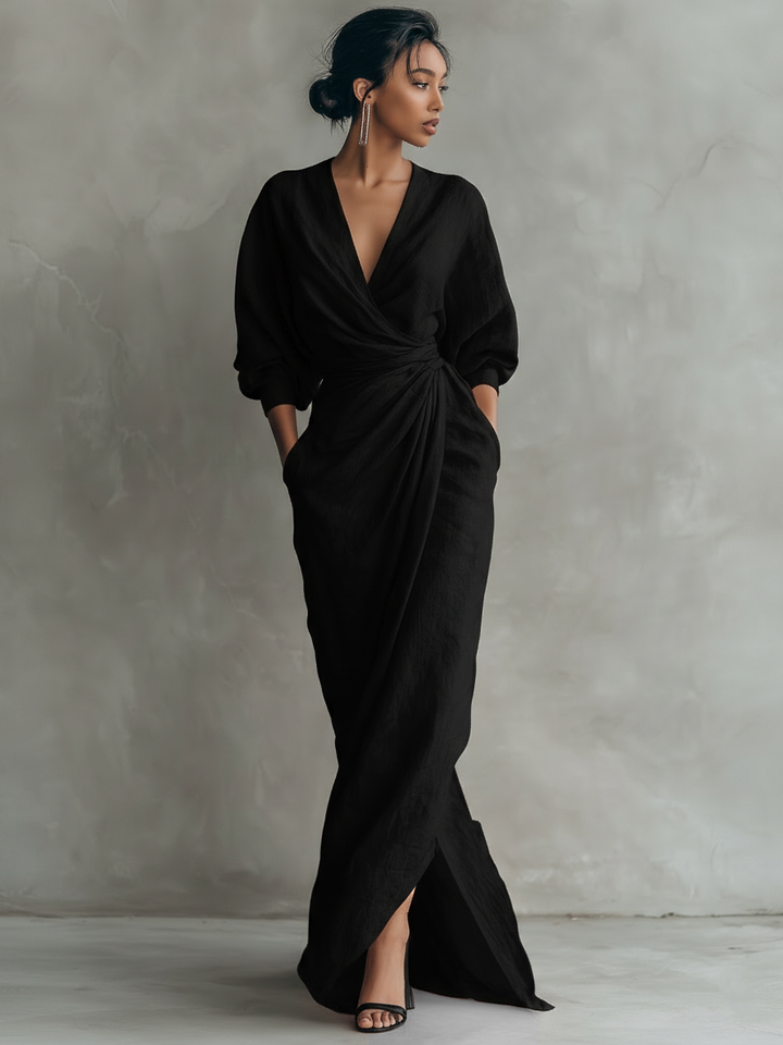 Vestido Maxi Minimalista Rosa com decote em V em linho misto para Mulher
