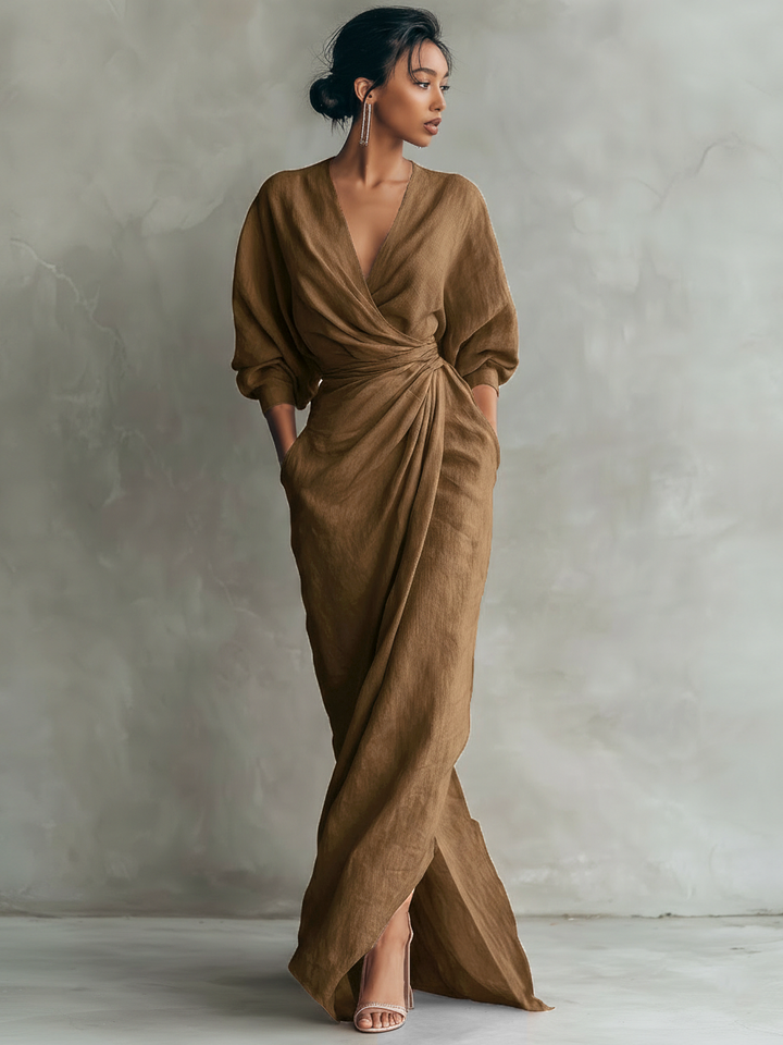 Vestido Maxi Minimalista Rosa com decote em V em linho misto para Mulher