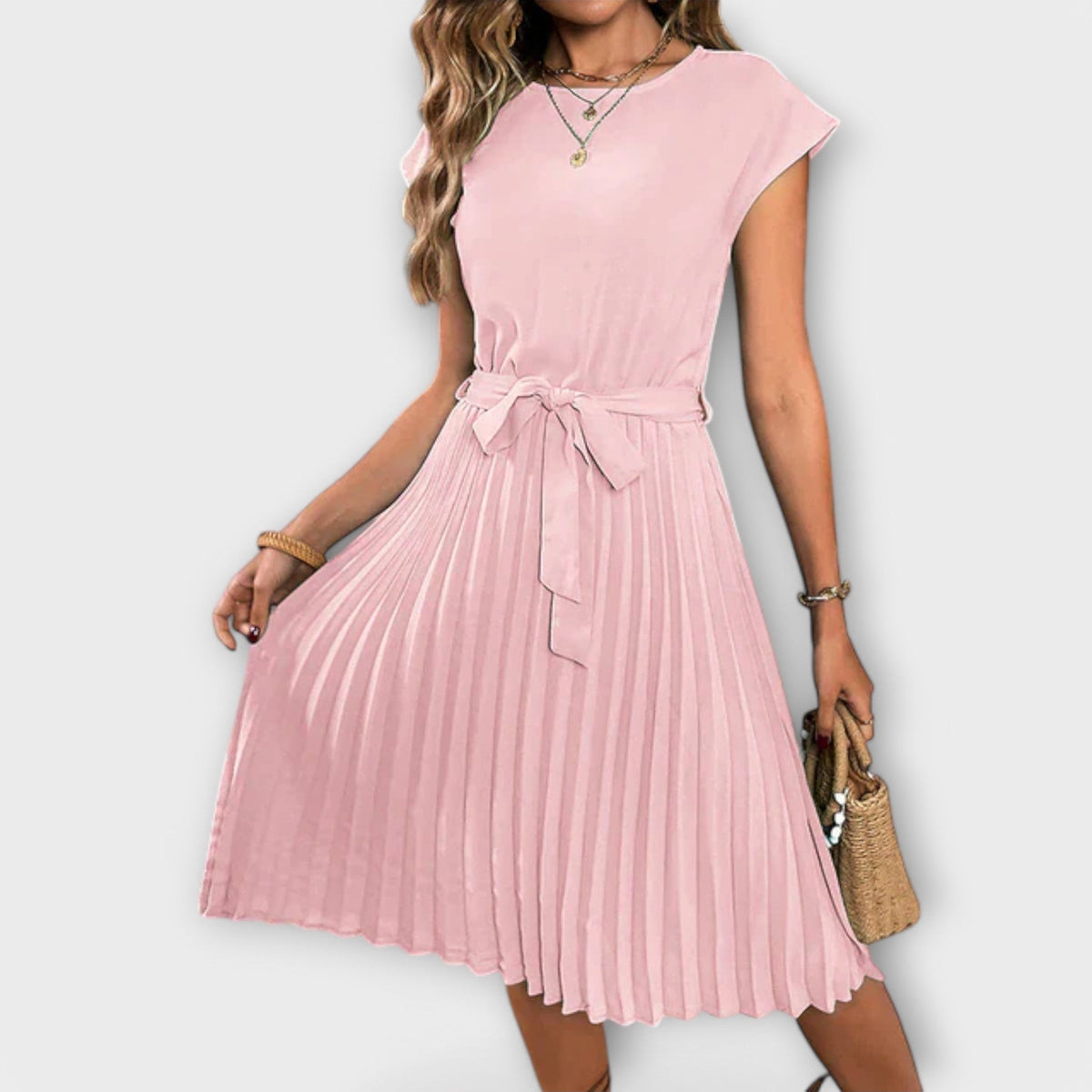Claire - Vestido Midi Casual Plissado de Manga Curta