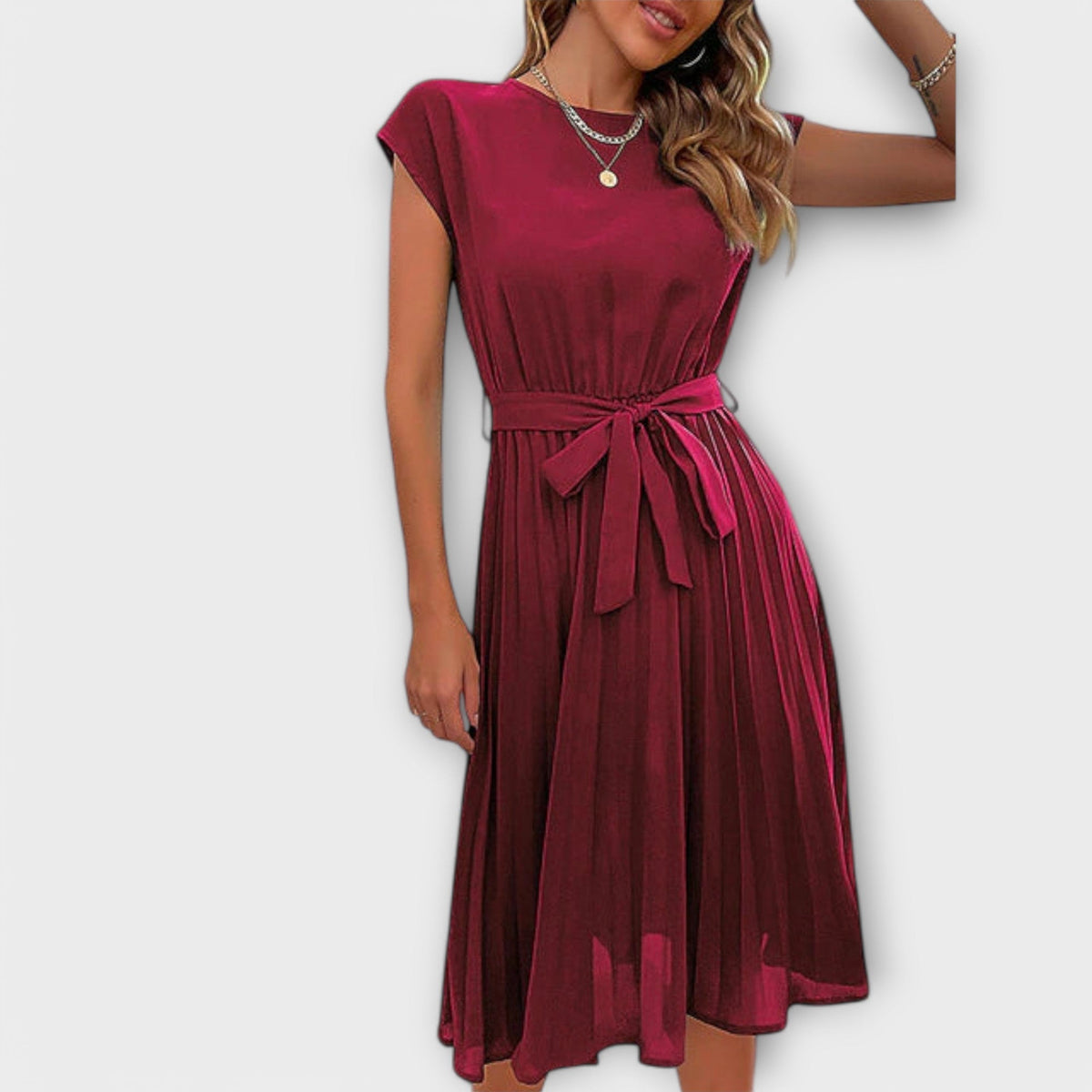 Claire - Vestido Midi Casual Plissado de Manga Curta