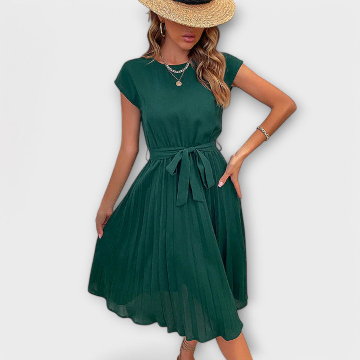 Claire - Vestido Midi Casual Plissado de Manga Curta