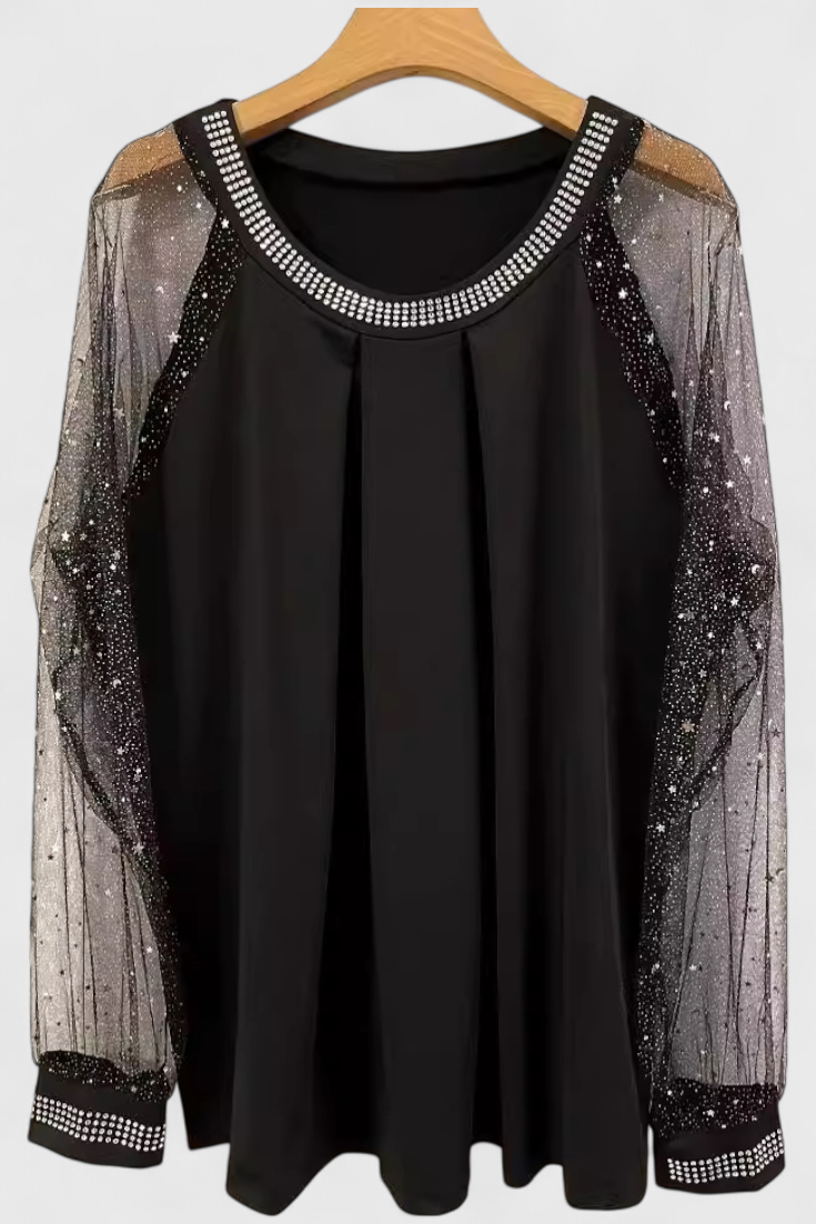 Flor - Blusa Elegante com Mangas de Tule e Acentos de Strass