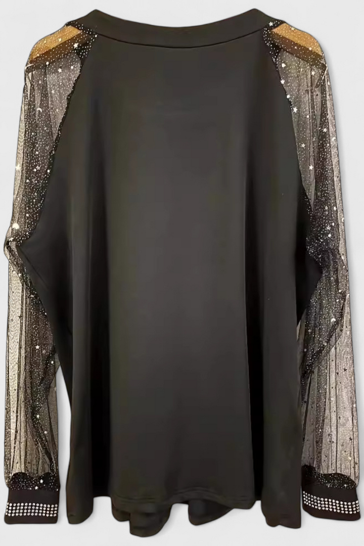 Flor - Blusa Elegante com Mangas de Tule e Acentos de Strass