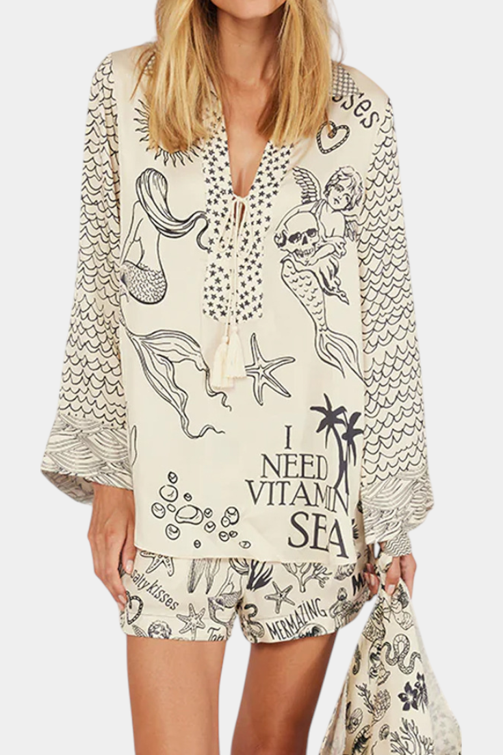 Amalia Conjunto Camisa Estampada com Calções Elásticos