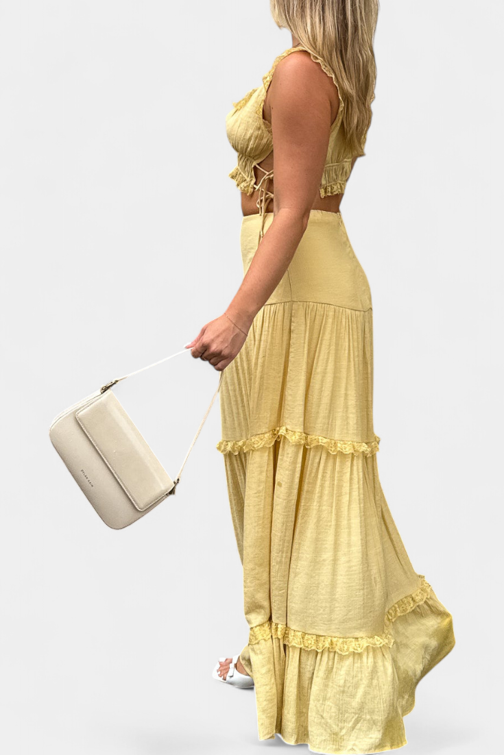 Ilys Conjunto Romântico de Top com Renda e Saia Longa Volumosa