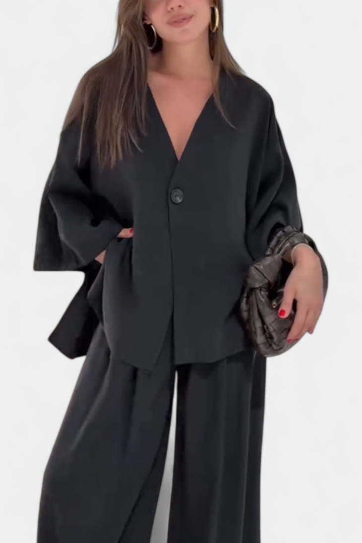 Eli - Conjunto Oversize de Top com Decote em V e Calças Retas