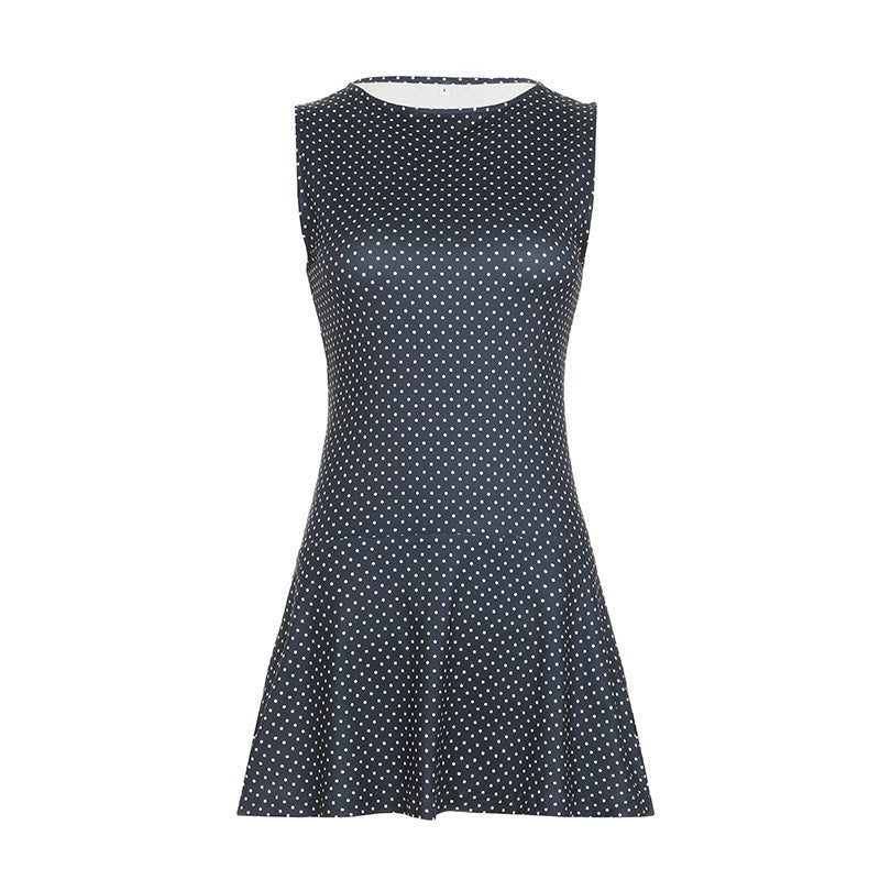 Vestido Mini de Bolinhas sem Mangas de Mulher com Cintura Ajustada