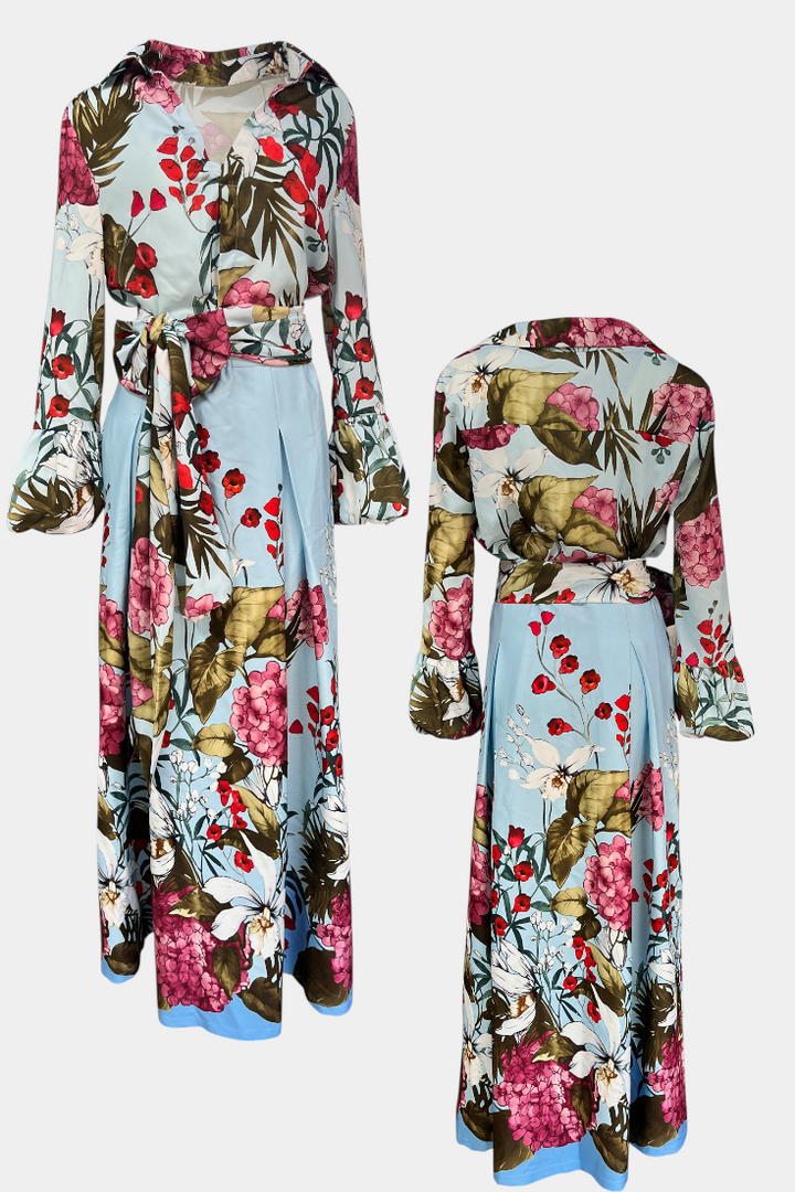 Sanne Conjunto Elegante Estampado de Camisa e Calças Fluidas