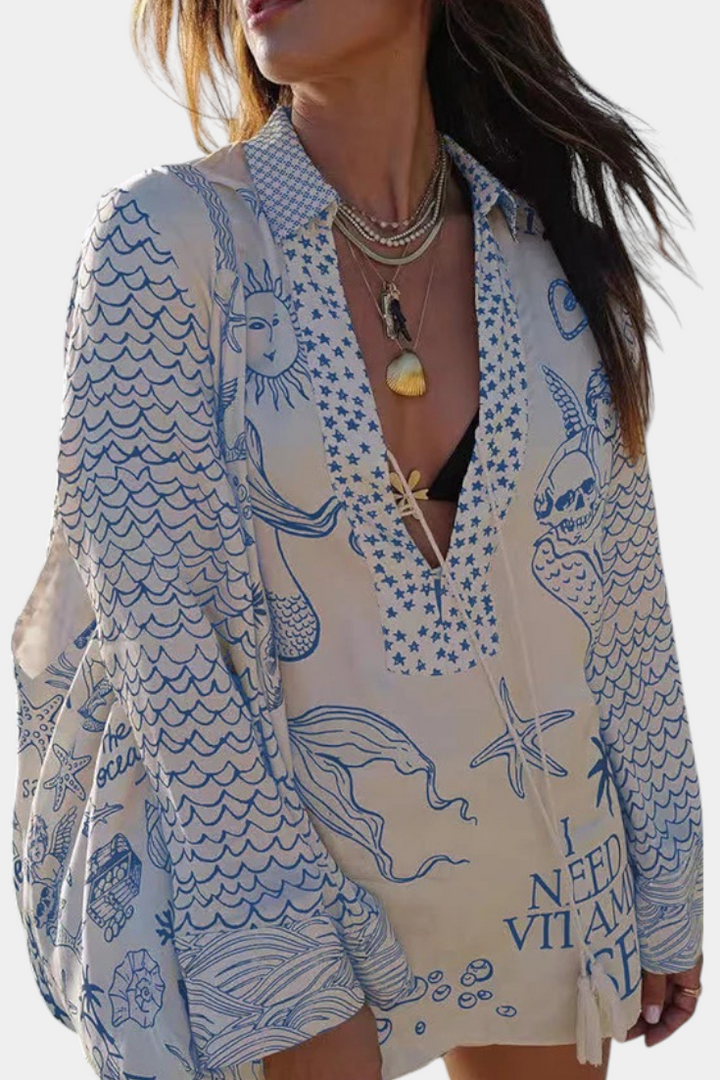 Amalia Conjunto Camisa Estampada com Calções Elásticos