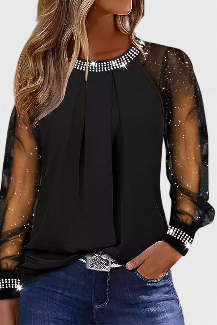 Flor - Blusa Elegante com Mangas de Tule e Acentos de Strass