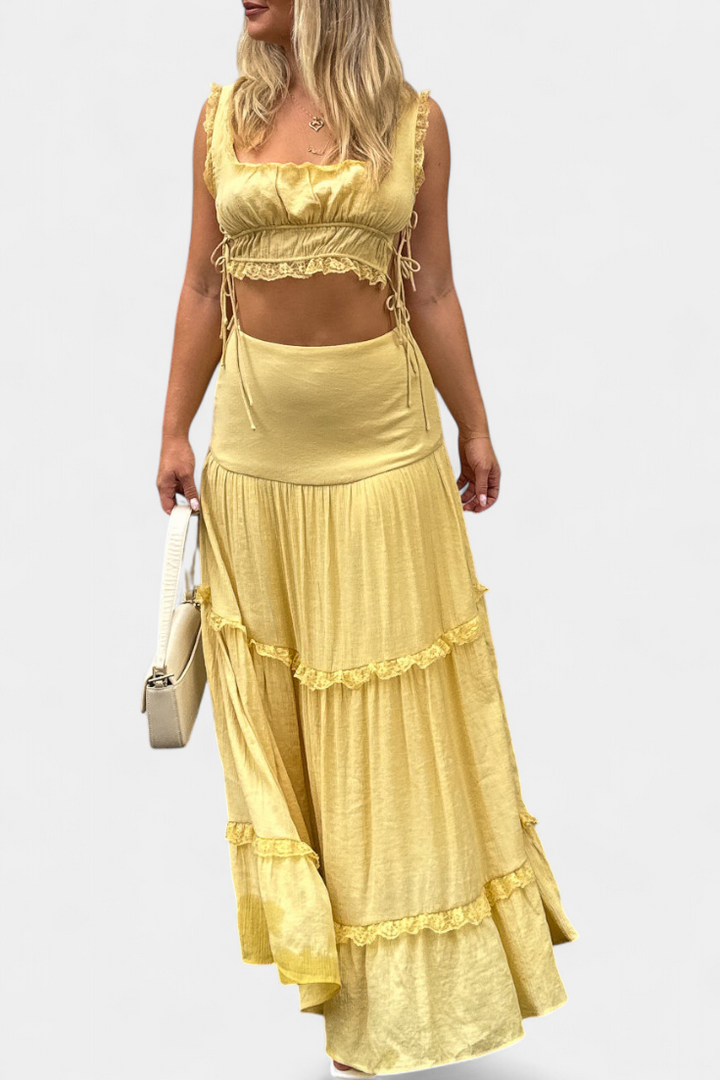 Ilys Conjunto Romântico de Top com Renda e Saia Longa Volumosa