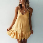 Vestido mini com folhos e alças finas para mulher com decote em V