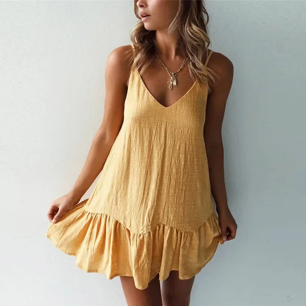 Vestido mini com folhos e alças finas para mulher com decote em V