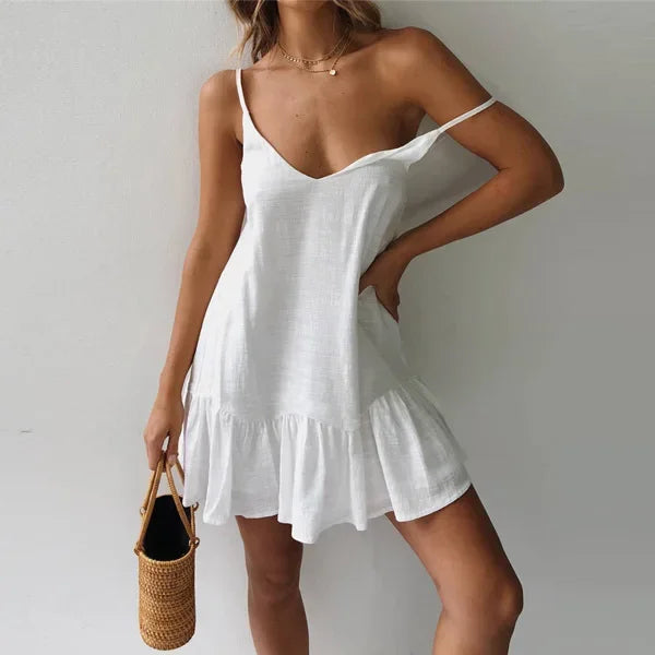 Vestido mini com folhos e alças finas para mulher com decote em V