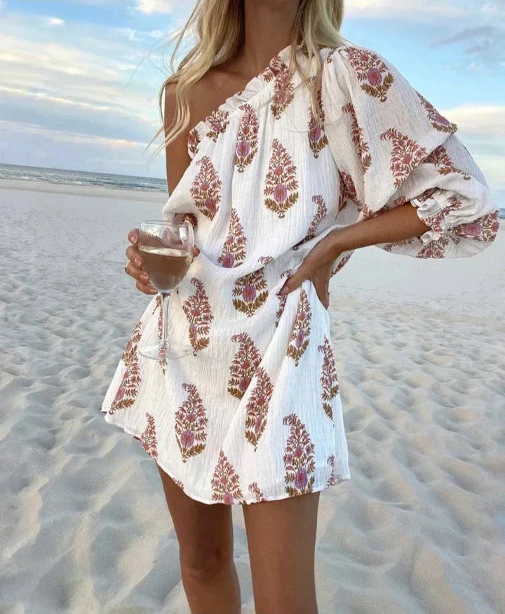 Vestido Mini Estampado de Um Só Ombro de Mulher com Design de Mangas Bufantes